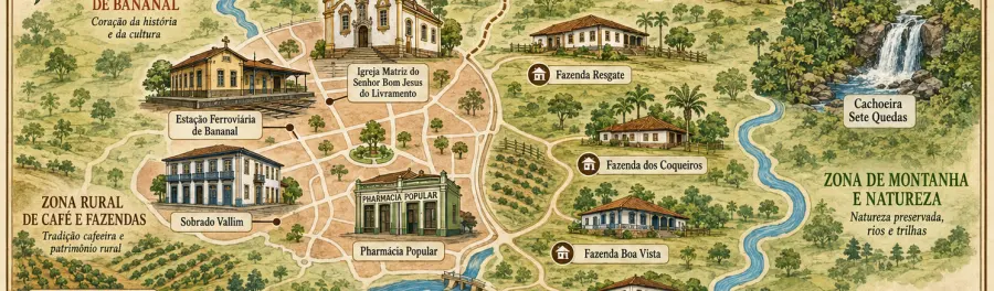 Mapa ilustrado de Bananal com centro historico, fazendas e Serra da Bocaina