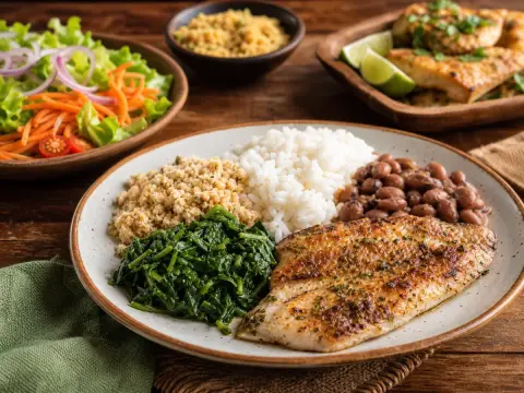 Prato brasileiro com arroz, feijão, peixe, farofa e verduras